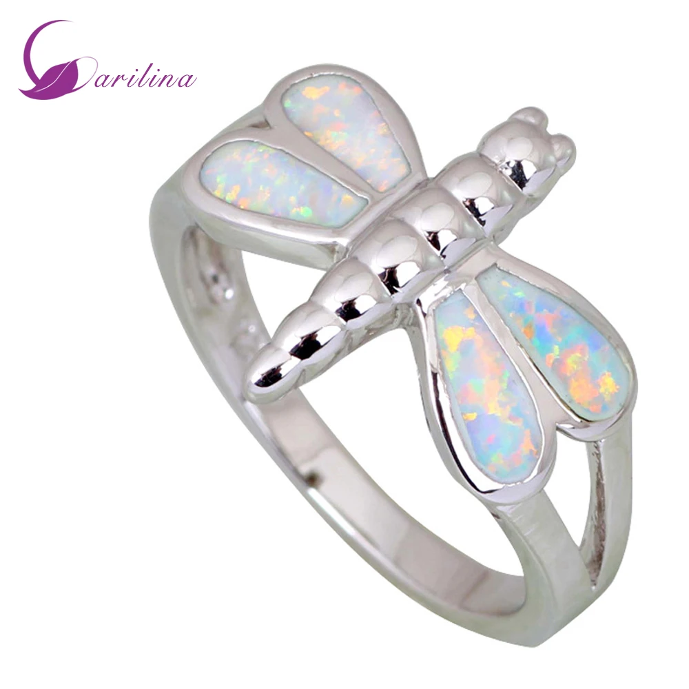 

New Statement Jewelry Dragonfly Party Jewelry Rings for women White Fire Opal 925 Stamp Sterling Silver Overlay ring R419