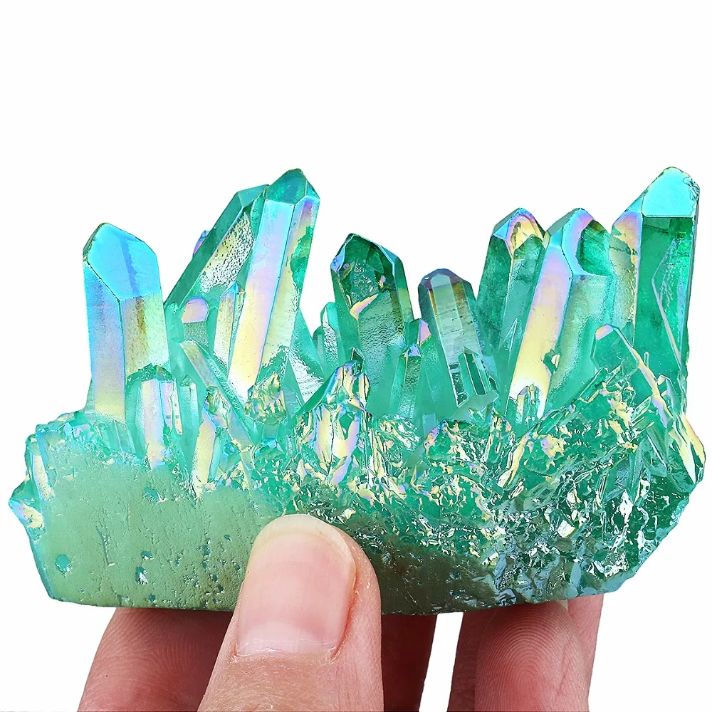 TUMBEELLUWA Green Angel Aura Titanium Coated Natural Crystal Cluster Stone Specimen Figurine