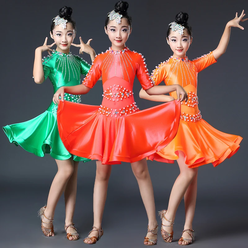 

2019 New Red Spandex Stand Collar Latin Dance Dress Girls Children Kids Half Sleeve Back Zipper Ballroom Dance Costumes Slim