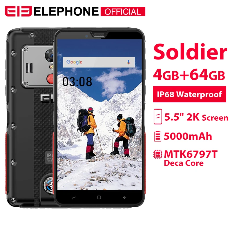 Elephone Soldier 5 'ɲ K экран IP68 водонепроницаемый мобильный телефон Android 8 0 MTK X25 Deca Core 4