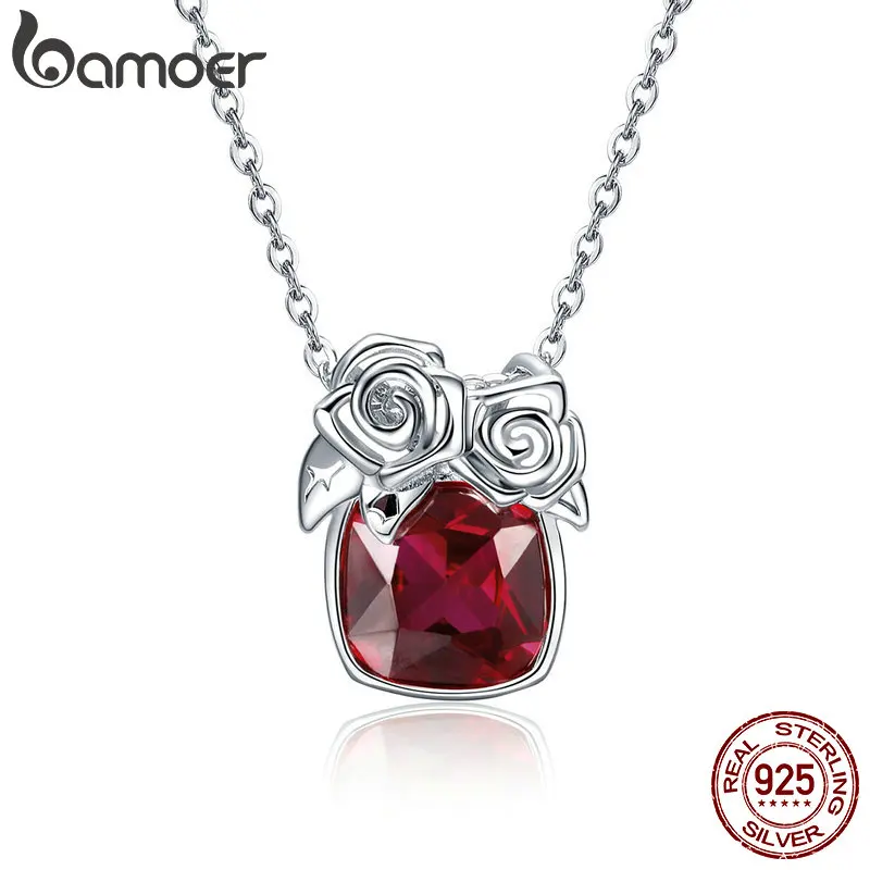 

BAMOER Romantic 925 Sterling Silver Rose Flower Pendant Necklaces for Women Valentine Gift Red CZ Sterling Silver Jewelry BSN003