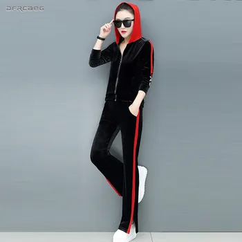 

Two Piece Velour Tracksuit 2019 Spring Fashion Patchwork Striped Velvet Hooded Clothing Set Long Sleeve Outfits Loose Sportsuit