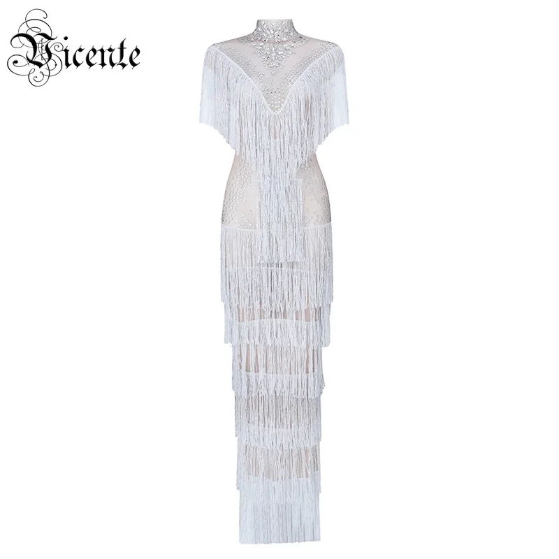 

Vicente 2019 New HOT Gorgeous Beads Tassels Embellished Sexy Sheer Mesh Back Hollow Out Celebrity Women Wholesale Dress