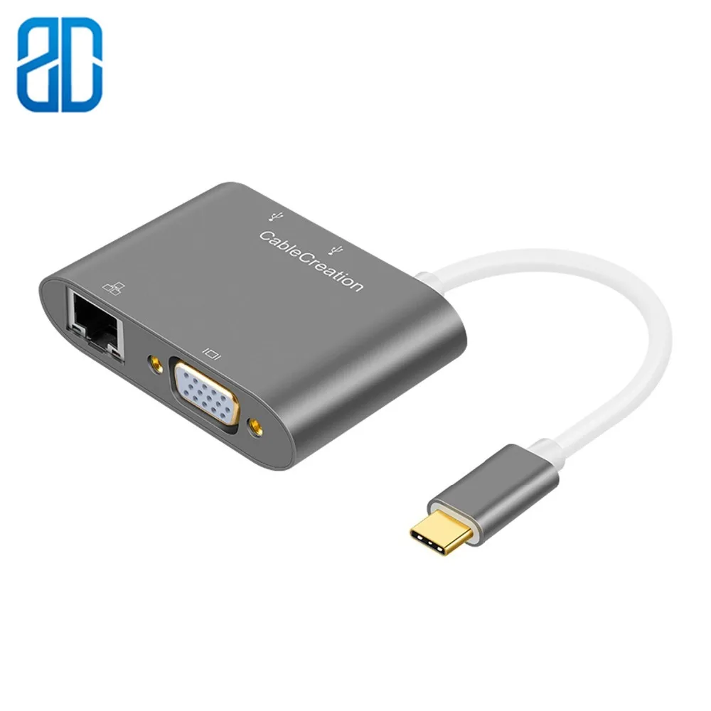 Адаптер с USB C на VGA Type (совместим Thunderbolt 3) Ethernet + 3 0x2 мультипорта совместимый MacBook Pro