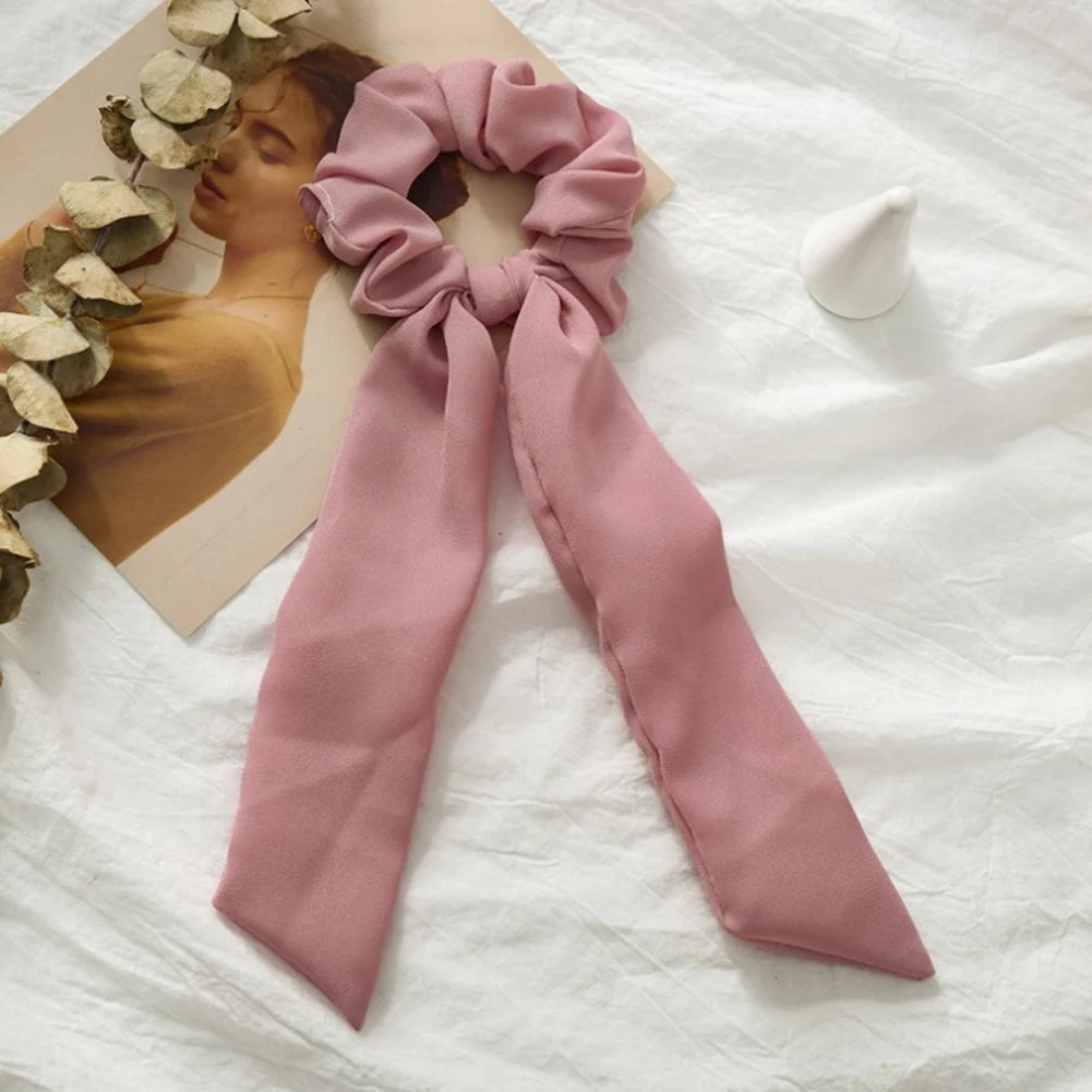 Летние аксессуары для волос для девочек головные уборы тюрбан DIY лук стримеры резинки для волос конский хвост галстуки твердые головы обертывание - Цвет: Розовый