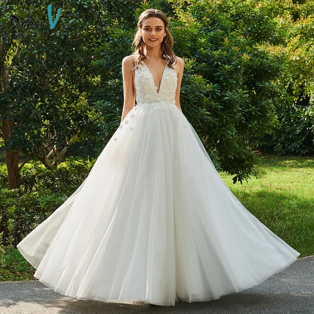 Dressv Ivory Wedding Dress V Neck Sleeveless Bridal Backless Elegant Dressv Ivory Wedding Dress V Neck Sleeveless Bridal Backless Elegant Outdoor Church Liques Lace Ball Gown