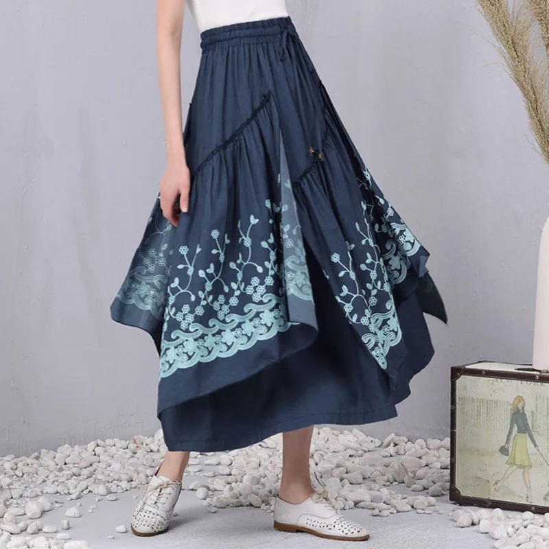 Национальный Стиль Весна и осень винтажная плиссированная Цветочная Асимметричная хлопковая трапециевидная Женская юбка/женские юбки