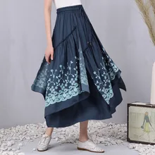 Национальный Стиль Весна и осень винтажная плиссированная Цветочная Асимметричная хлопковая трапециевидная Женская юбка/женские юбки