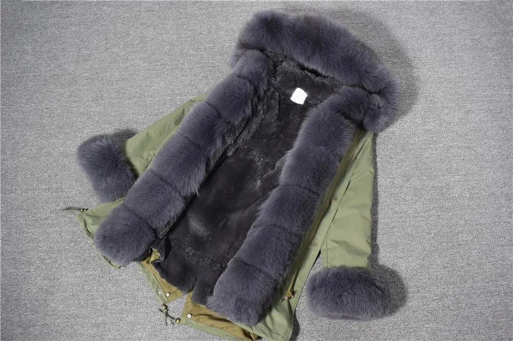 Green-dark gray Настоящая меховая парка, пальто с капюшоном, куртка с подкладкой из кроличьего меха, толстые меховые парки, женские зимние пальто с капюшоном из натурального меха лисы - Цвет: Green-dark gray