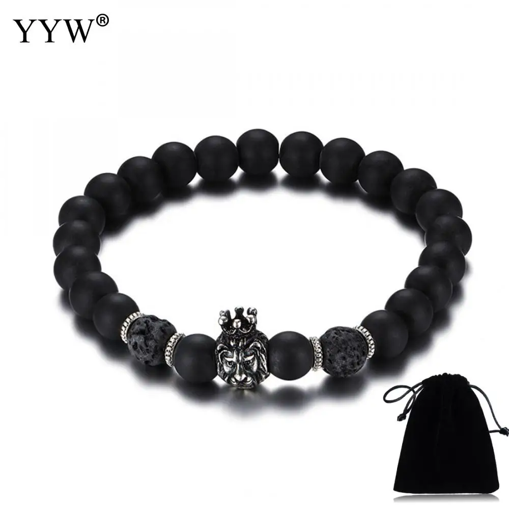 Модный брелок-Чарм в форме головы льва браслеты для мужчин браслет черные Агаты с лавой матовые бусины мужские украшение браслет masculina