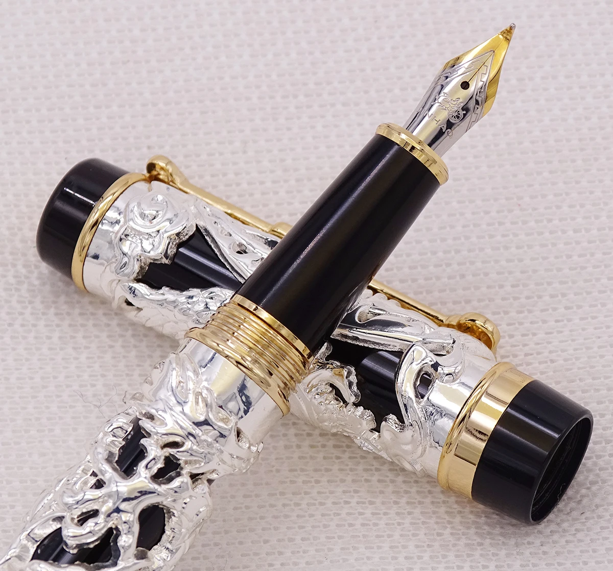 Jinhao Dragon Phoenix винтажная роскошная ручка для каллиграфии перьевая ручка изогнутое перо полностью Металлическая серебряная и черная резьба для художественного офиса подарок