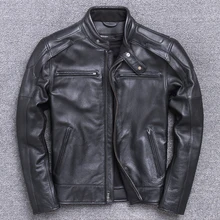 Chaqueta gruesa de cuero de vaca para hombre, chaqueta de bombardero clásica de cuero genuino de diseñador de marca, abrigo negro cálido Vintage para motociclista