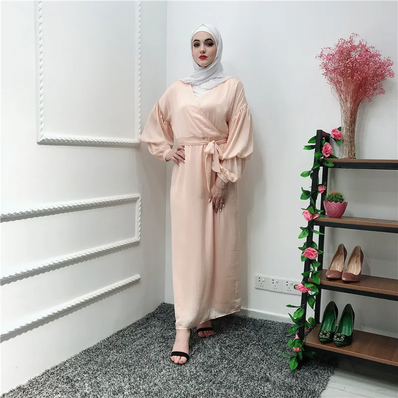 2019 модное осенне-зимнее женское мусульманское платье абайя с v-образным вырезом и длинным рукавом-буфами, халат Marocaine Caftan, Ближний Восток