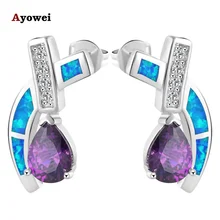 Стиль AAA циркония фиолетовый кристалл Синий огненный опал Серебро штампованные серьги гвоздики модные ювелирные изделия опал ювелирные изделия OE256A