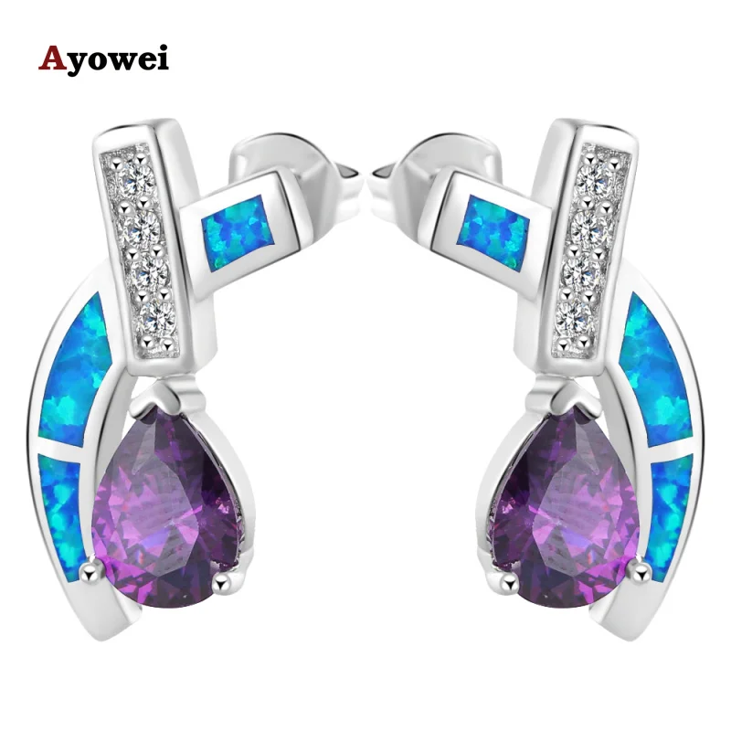 

New Style AAA Zirconia Purple Crystal Blue Fire Opal Silver Stamped Stud Earrings Fashion Jewelry Opal Jewelry OE256A