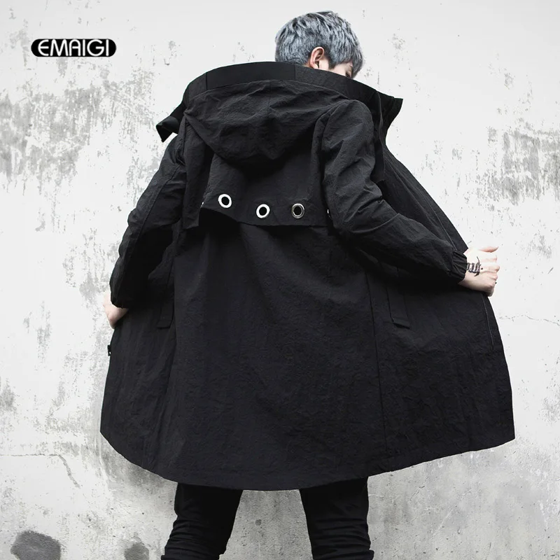 

Men's Hooded Trench Coat Male High Street Hip Hop Fashion Casual Windbreaker Trench Jacket Spring Autumn Mens Long Overcoat