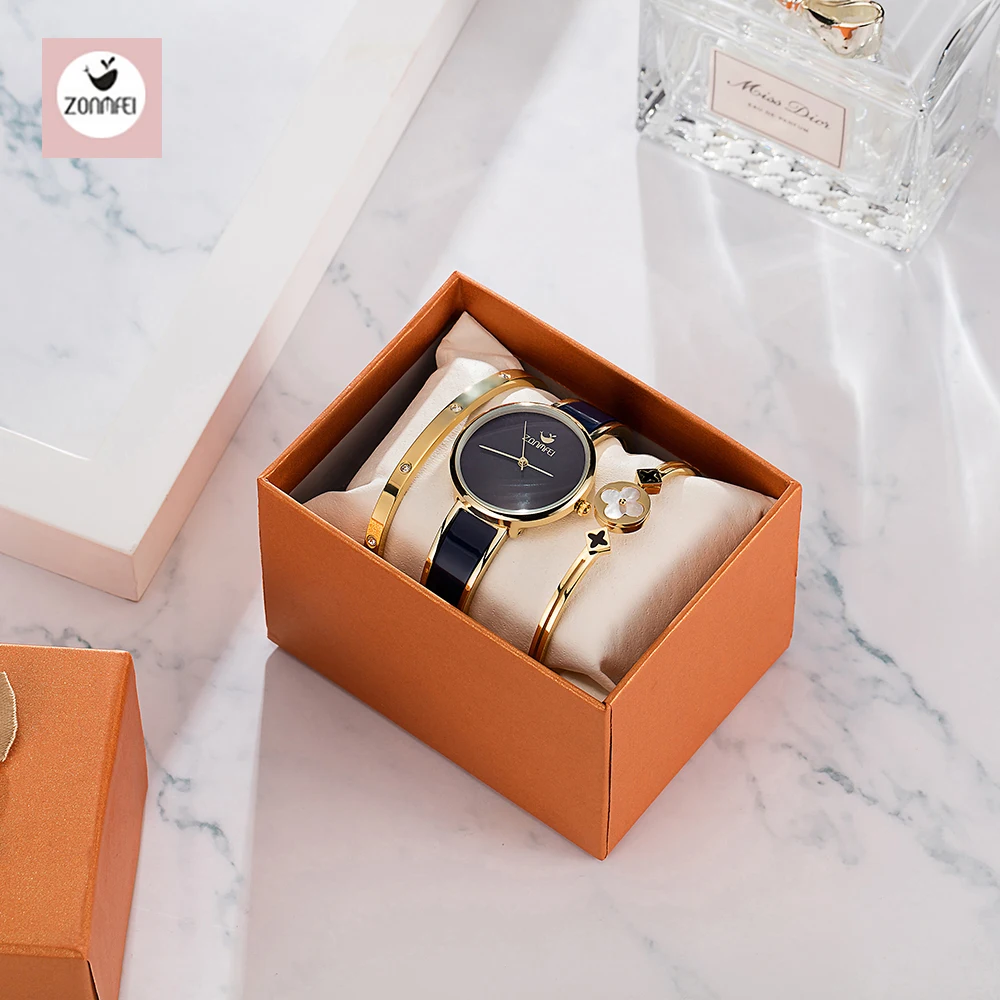 

Fashion Black Lady Wristwatch Blue Simple Women Bracelet Watches Casual Stylish Female Gift Clock 3 Pcs set Zonmfei Brand Clock