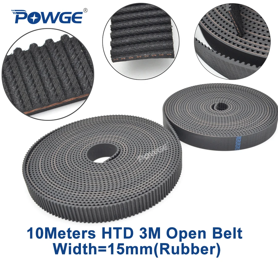 POWGE Arc HTD 3M Timin belt width 15mm length 10000mm Rubber Fiberglass 3M-15mm open Synchronous belt HTD3M belt pulley 10Meters