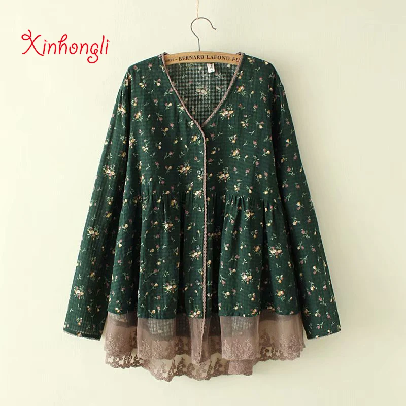 

Plus size Lace bottom V-neck soft cotton women blouse 2019 spring New Casual ladies floral print shirts female tops gray red