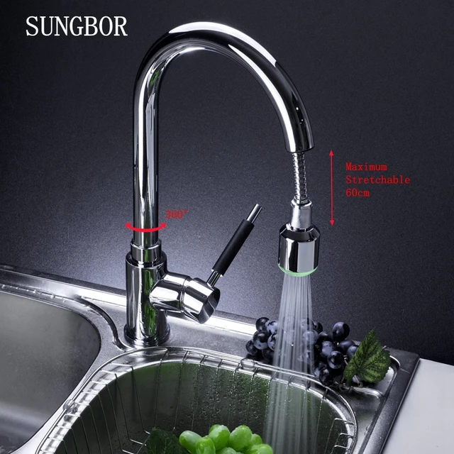 Best Quality LED 360 Rotate Kitchen Faucets with Chrome Mixer Faucet for Kitchen Single Handle Pull Down Deck Mounted Crane for Sinks YC-7300