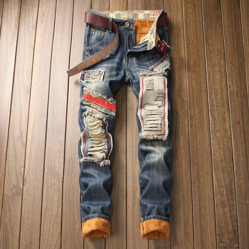 

Winter Thickening Men's Holes Winter Fleece Jeans Autumn and Winter Loose Young People's Fleece Warm Pants
