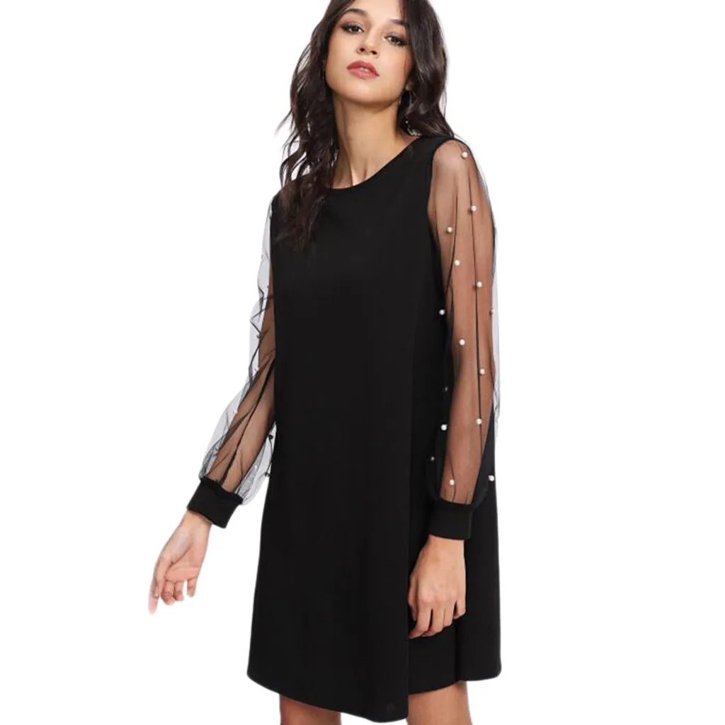 

JAYCOSIN 2019 New Summer Women Dress Sexy Tunic Solid with Embroidered Beading Floral Mesh Bishop Transparent Sleeve 9032222