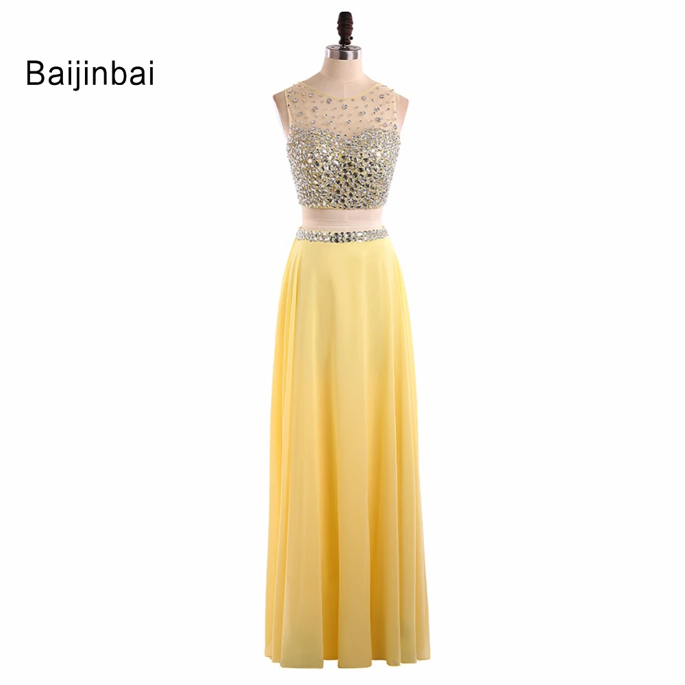 Image Custom Sexy Pink Yellow Sequins Beaded 2 Piece Prom Dresses 2016 Scoop Long Style Evening Party Dresses Vestido De VestaS7030502