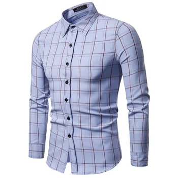 

Brand 2018 Fashion Male Shirt Long-Sleeves Tops Simple Lattice Mens Dress Shirts Slim Men Shirt