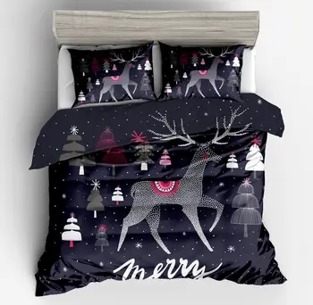 

3d cartoon Christmas decorations deer soft bed Pink Black 2/3pcs bedding set soft Comfortable duvet cover pillow case full size