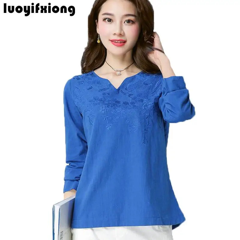 Luoyifxiong Long Sleeve V neck Linen Cotton Blouse Women