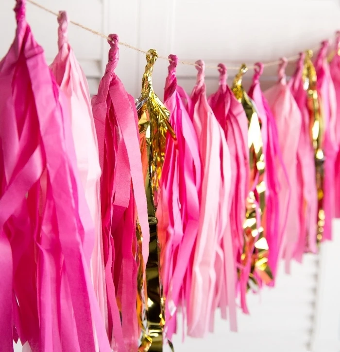 (Fuchsia Pink Gold) Fiesta Decoracion Tassel Garland Tissue Paper Fringe Bunting For Wedding Baby Shower Birthday Party Decor | Дом и сад