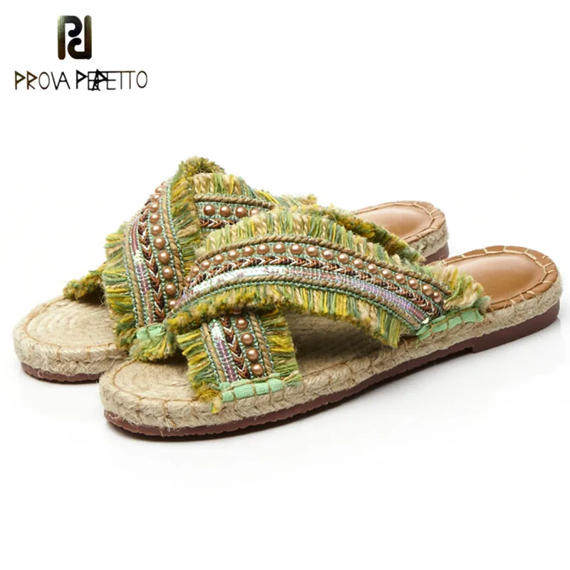 

Prova Perfetto Fashion Ethnic Style Weave Straw Shoes Woman Rivet String Bead Straw Bottom Slippers Women Bohemia Beach Shoes