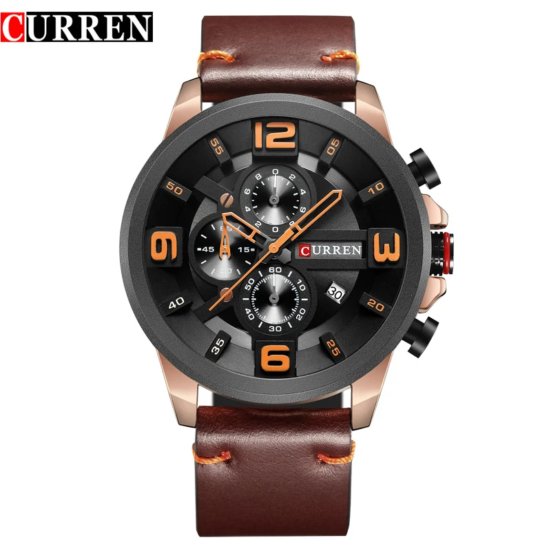 CURREN Лидер продаж популярные мужские часы Классические кварцевые аналоговые наручные часы хронограф кожаный ремешок мужские часы Relogio Masculino - Цвет: rose coffee
