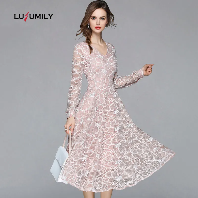 

Lusumily 2019 Summer Lace Dress Work Casual Slim OL Women Party Dresses V-neck Sexy Hollow Out Floral A-line Vintage Vestidos