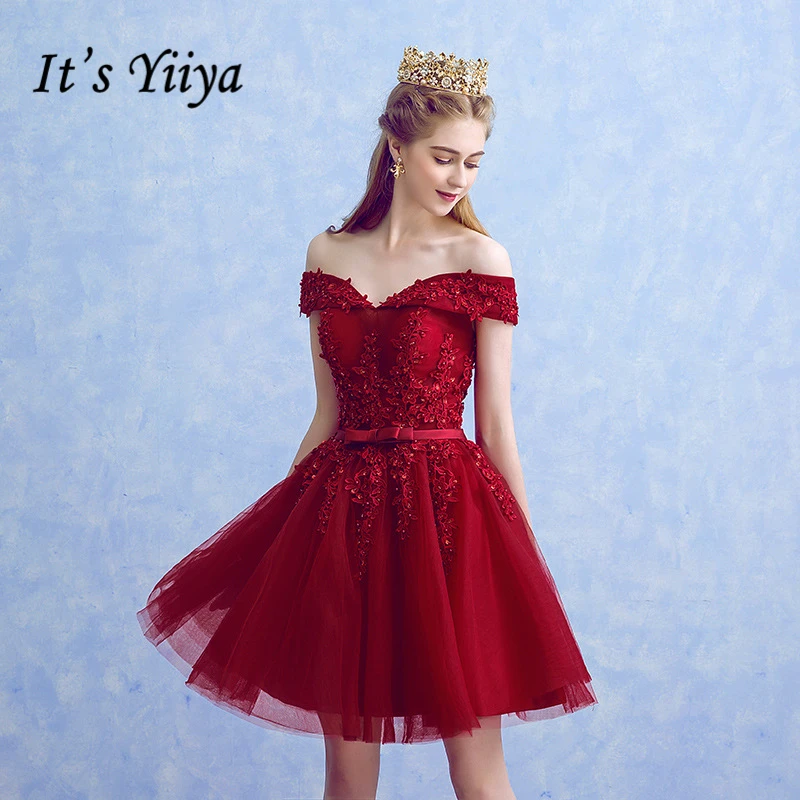 

It's YiiYa 2018 New Boat Neck Simple Knee Length Flowers Lace Bow Dinner Bridesmaid Dresses Party Short Formal Dress LX242