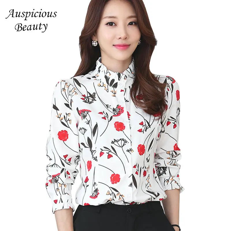 2018 Spring New Brand Floral Printed Women Blouses Puff Sleeve Stand ...
