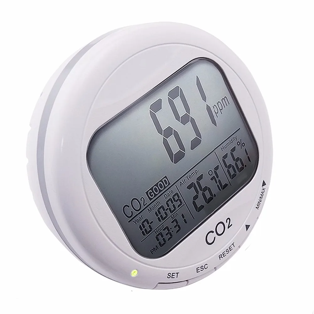 Portable Digital 3-in1 Round Desktop Indoor Air Quality Temperature Humidity RHCarbon Dioxide CO2 Monitor Meter Clock 0~2000pp Portable Digital 3-in1 Round Desktop Indoor Air Quality Temperature Humidity RHCarbon Dioxide CO2 Monitor Meter Clock 0~2000pp