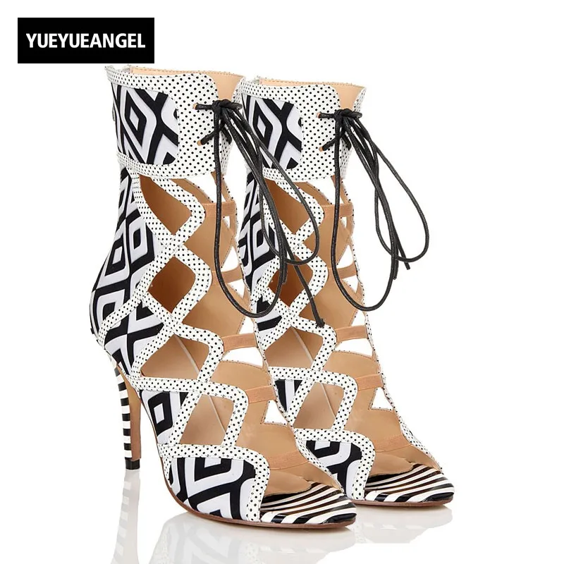 

2018 New Womens Sexy Super High Heel Peep Toes Night Club Shoes Striped Hollow Out Sheepskin Leather Sandals Large Size Zapatos