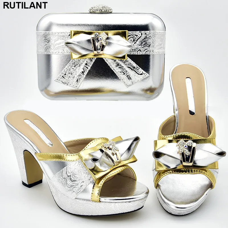 

Sliver Color Nigerian Shoes and Matching Bags Ladies Shoes with Matching Bags Set Decorated with Rhinestone Party Shoes and Bag