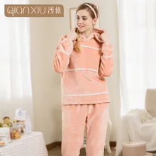 Qianxiu пижамный комплект для женщин фланель с капюшоном прекрасный сгущает теплая пижама кружево v-образным вырезом халат однотонная домашняя одежда