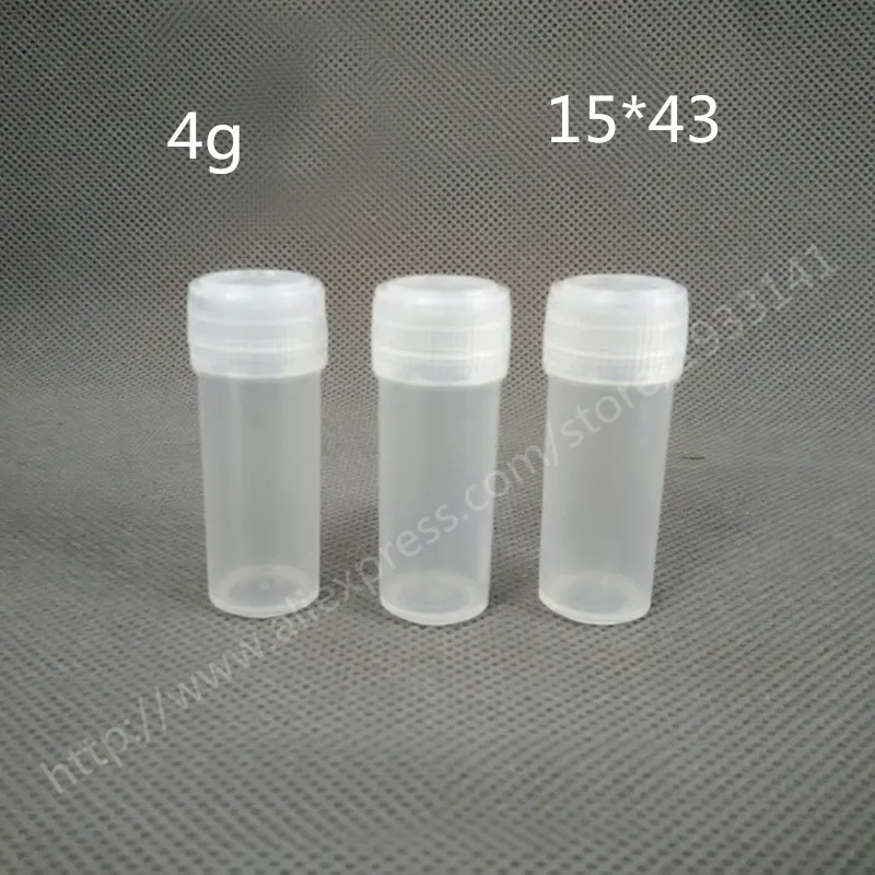 Em estoque 100 Pçs/lote 4 G pequena garrafa, 15*43mm tubo de plástico mini, 4cc plstic recipiente