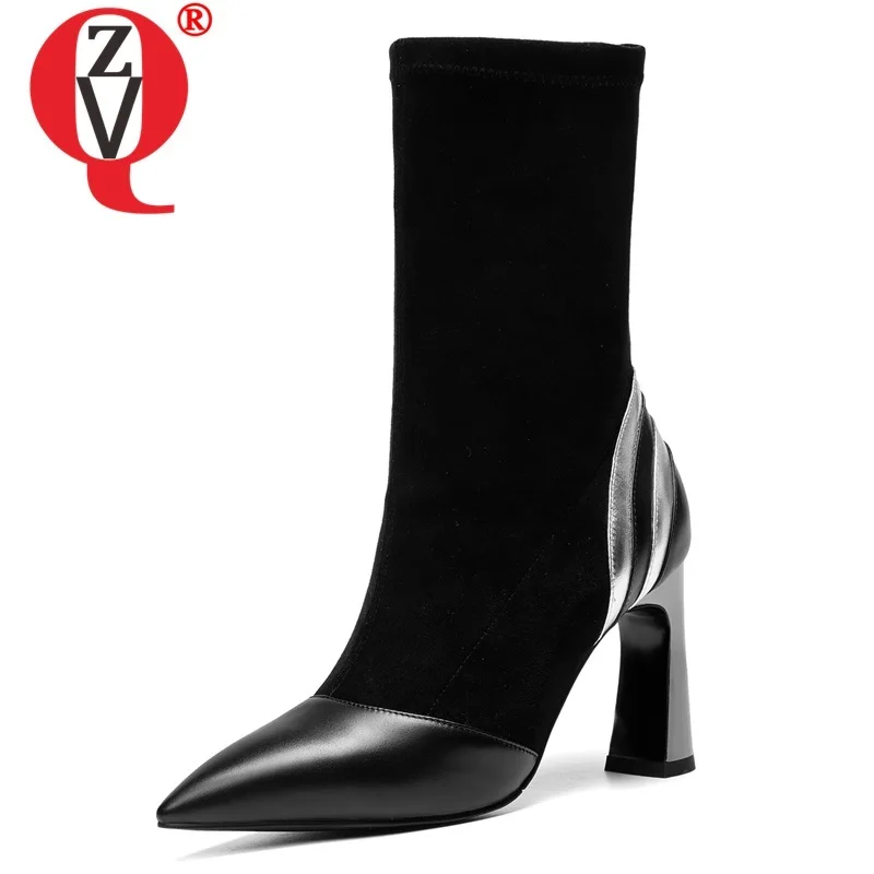 

ZVQ women shoes winter new fashion sexy genuine leather pointed toe mid calf boots outside super high heels mixed colors shoes