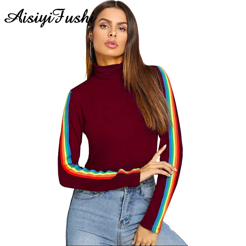 Turtleneck Top Female Rainbow Shirt Long Sleeve T Shirt Women Stripe