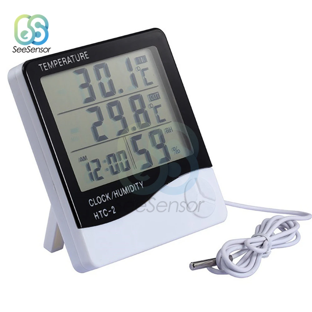 HTC-2 Digital LCD Thermometer Hygrometer Electronic Temperature Humidity Meter Weather Station Indoor Outdoor Clock