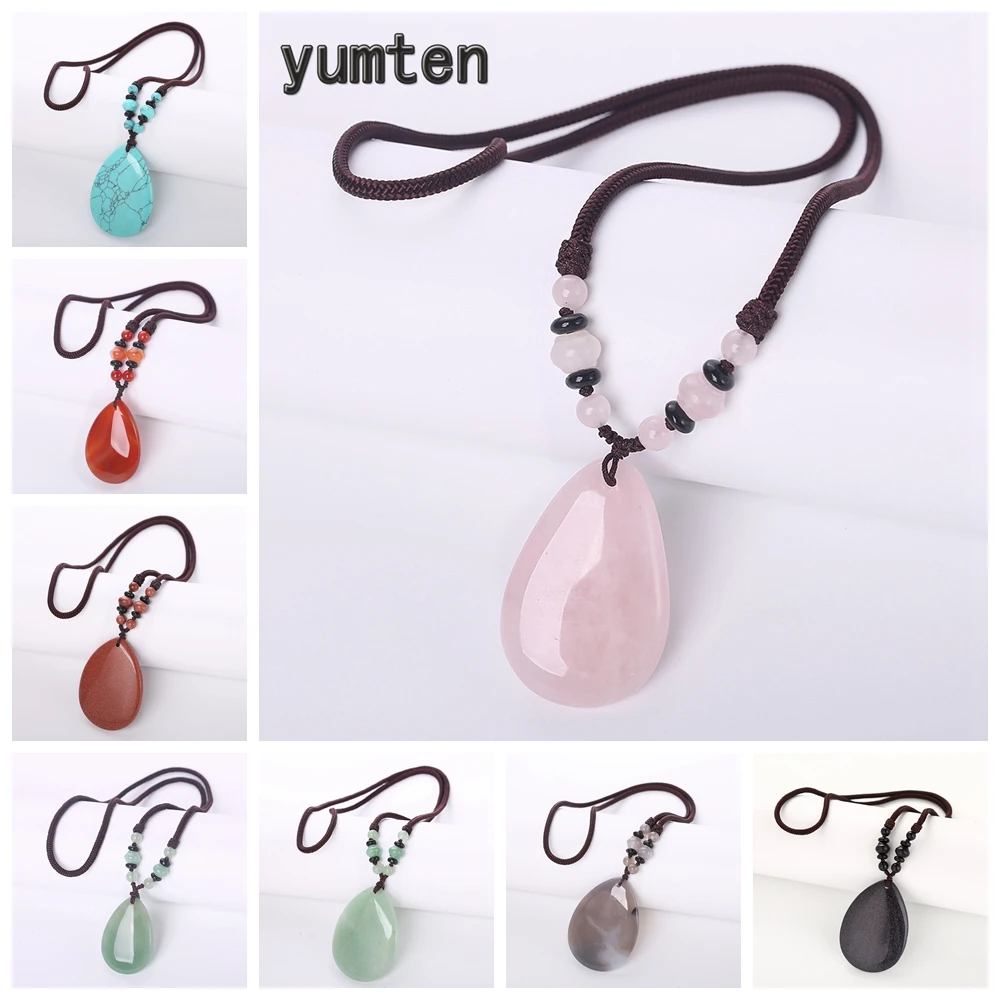 

Yumten Water Drop Long Necklace Rose Quartz Sweater Chain Gemstone Pendant Fashion Accessories Natural Stone Jewelry Crystal