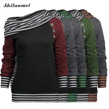 

Women Sweatshirts Solid Color Skew Neck Long Sleeve Striped Patchwork Button Sweatshirt 2018 Fashion Autumn Winter Women Clothes