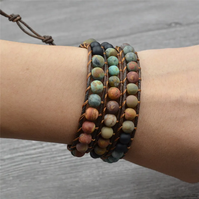 Boho Винтаж кожа Натуральный камень 3 Слоистые пряди браслет ручной работы с бахромой Обёрточная бумага Браслеты для Для женщин C25