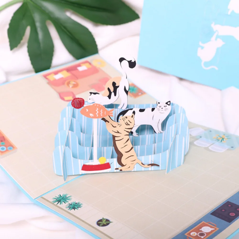  DIY Greeting Cards Handmade Birthday Wedding Invitation 3D Pop Up Card Cat Fish - 32904874433