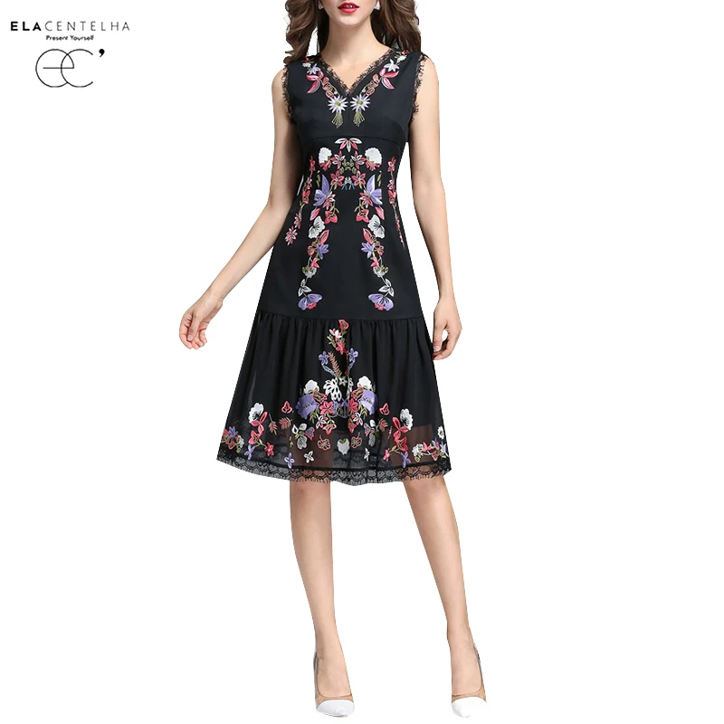 ElaCentelha Women Dress Summer Style V-Neck Sleeveless Embroidery Party Dresses High Quality Hollow Out Lace Patchwork Dress
