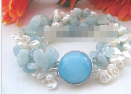 

huij 001672 Beautiful 8" 4row white keshi reborn FW pearl & aquamarine bracelet